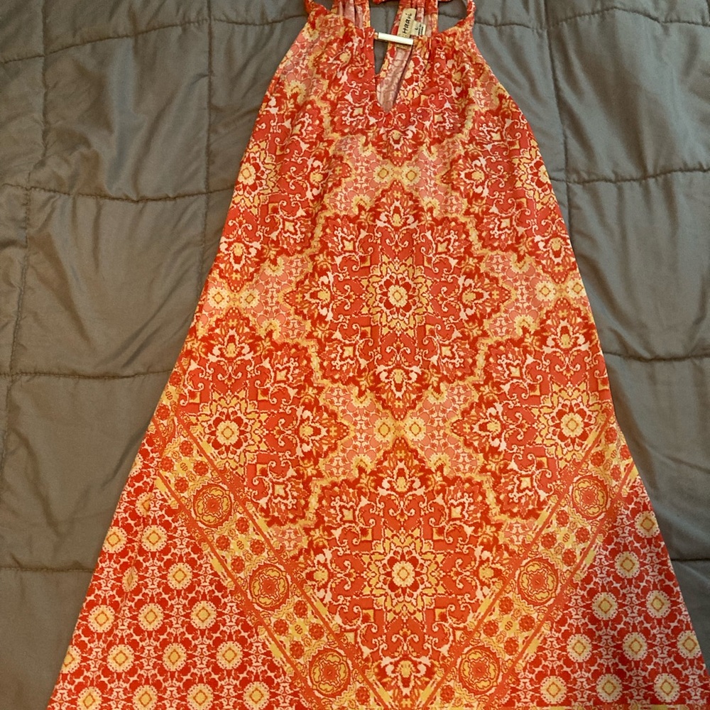 Orange dress with gold neck accent